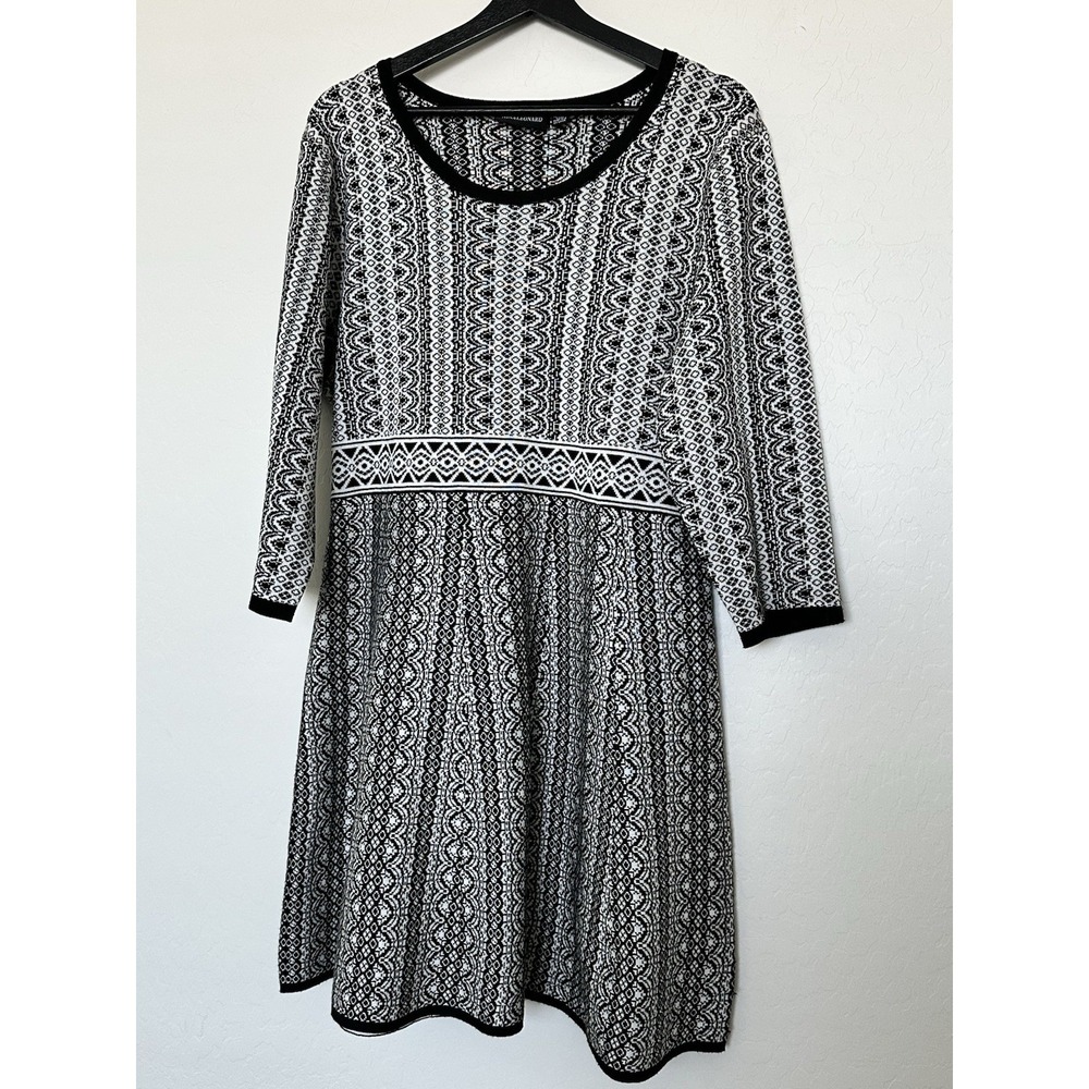Nina Leonard Womens Abstract‎ Print A Line Sweater Dress White Black Size XL